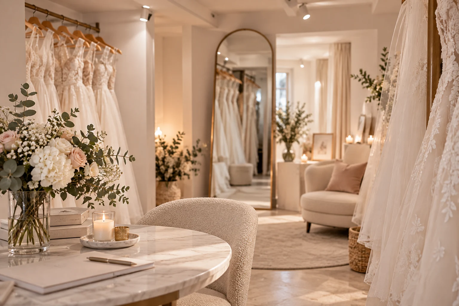 Espace chaleureux d'un atelier de robes de mariée